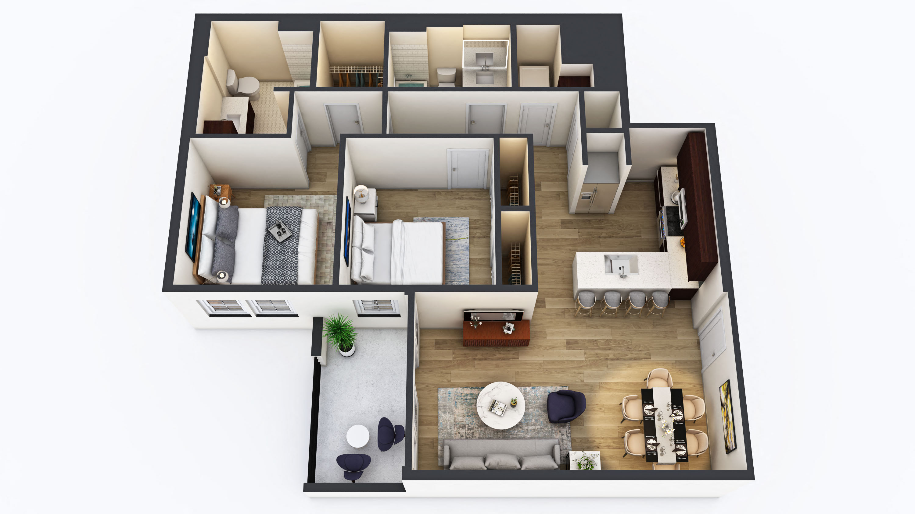 Floor plan for 2 beds, 2 baths, 1055 sqft
